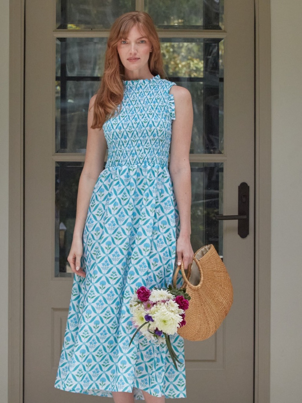 Cabana Life Blue Tile-Print “Rosebay” Smocked Midi Dress NWT